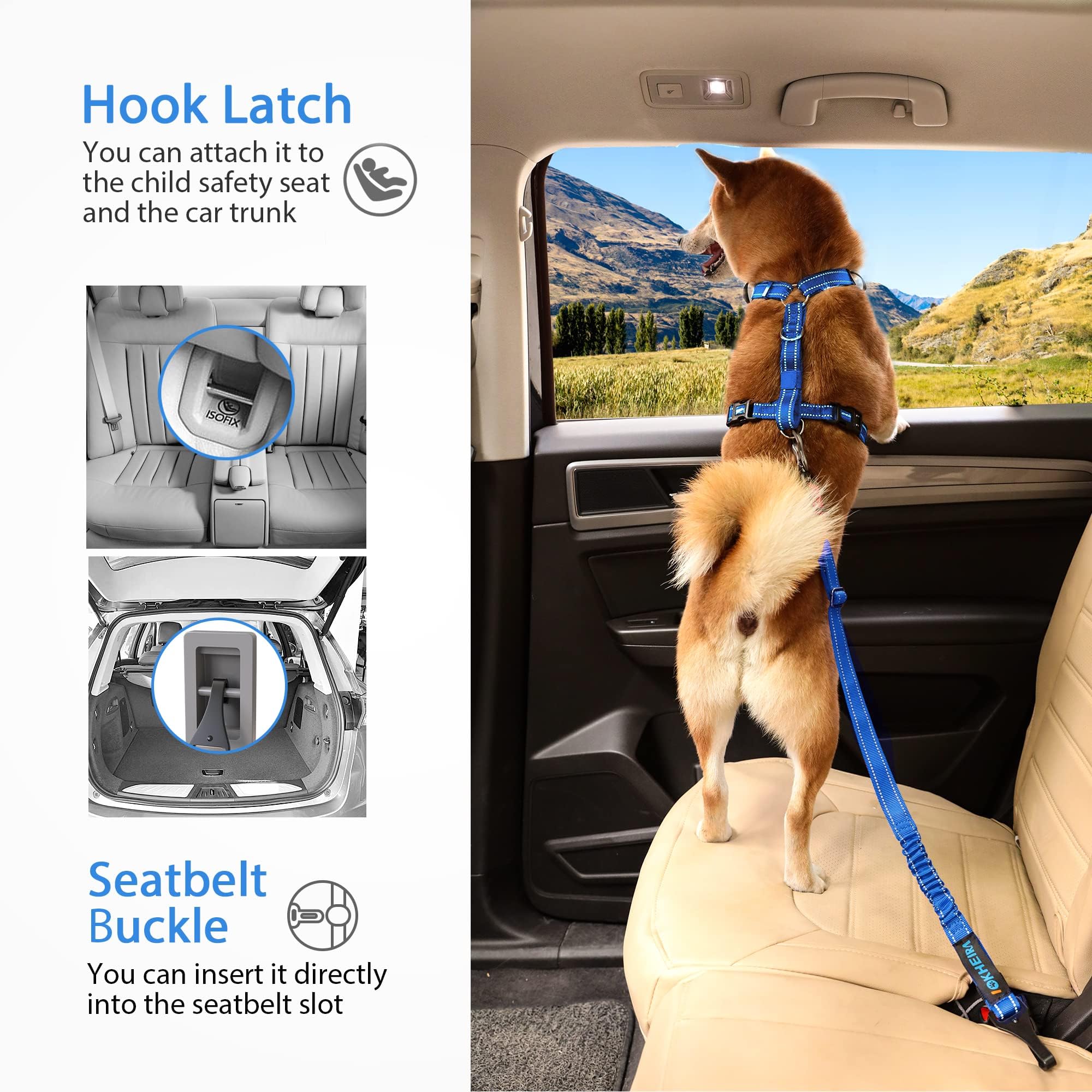 IOKHEIRA Seatbelt, Updated Adjustable Harness Reflective Bungee Dog Car Seat Belt with Aviation Aluminum Alloy Rotatable Carabiner, Hook & Buckle Free