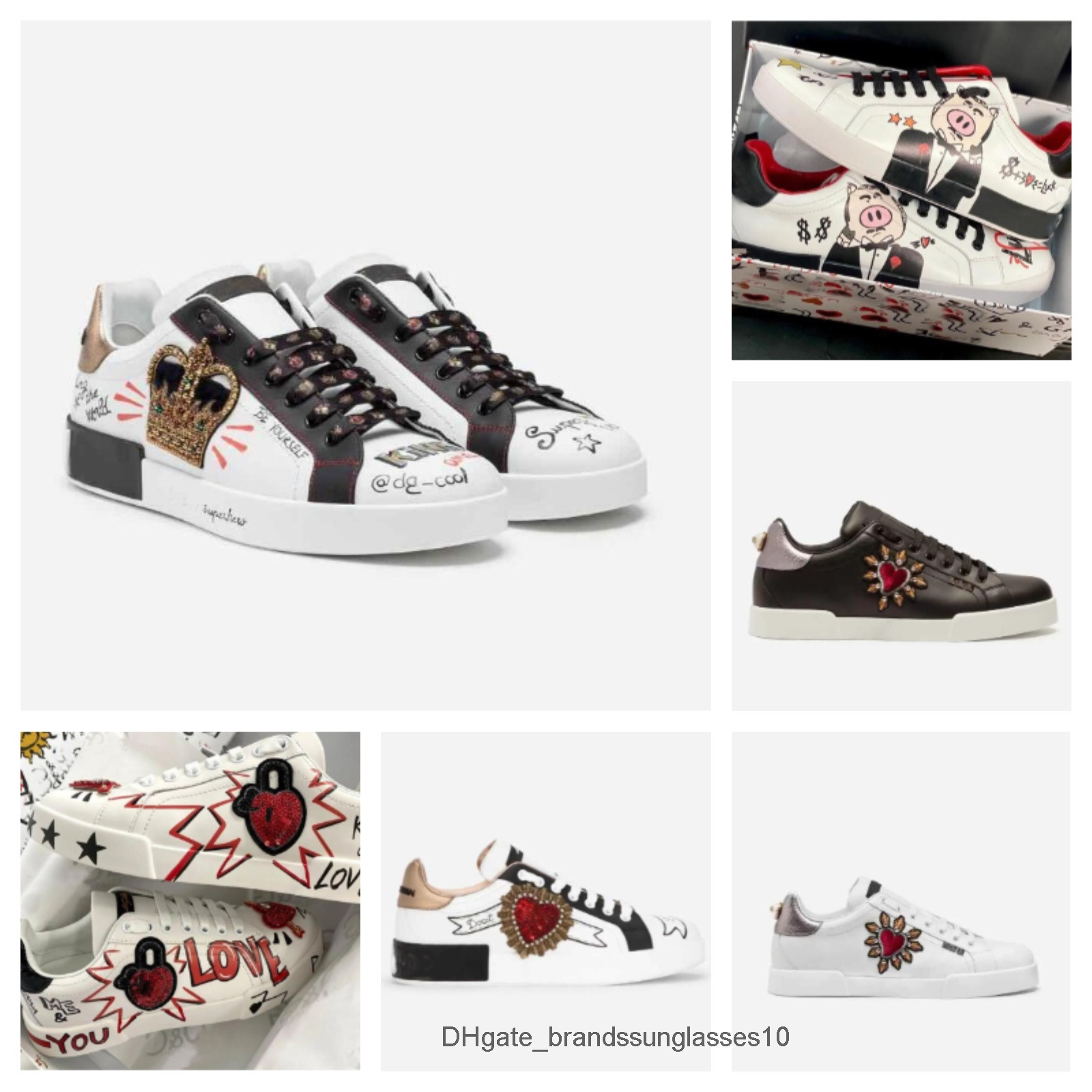 Elegant Brands Portofino Sneakers Casual Shoes Men Printed Nappa Calfskin Crown Embroidery Goldplated Casual Walking Luxuri dolce and gabanna d g dg gabbanaly ZZYI