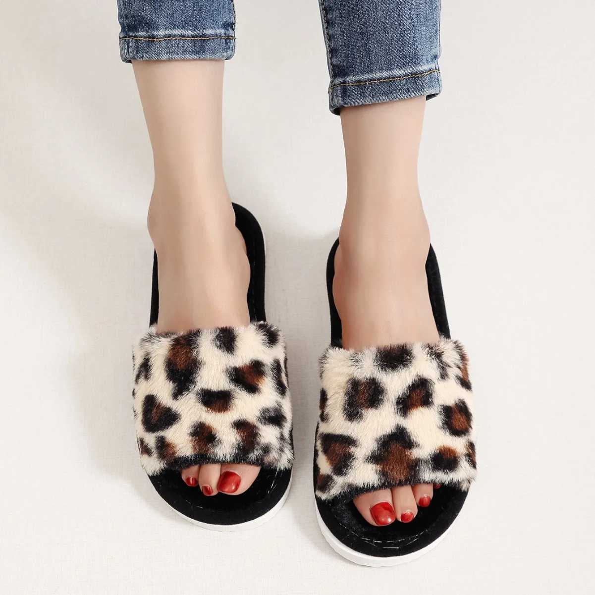 Autumn Winter Leopard Print Slippers Womens Fi Plush Fur Slides Home Flip Flops Indoor Warm EVA Anti Slip Living Room ShoeXJ250207