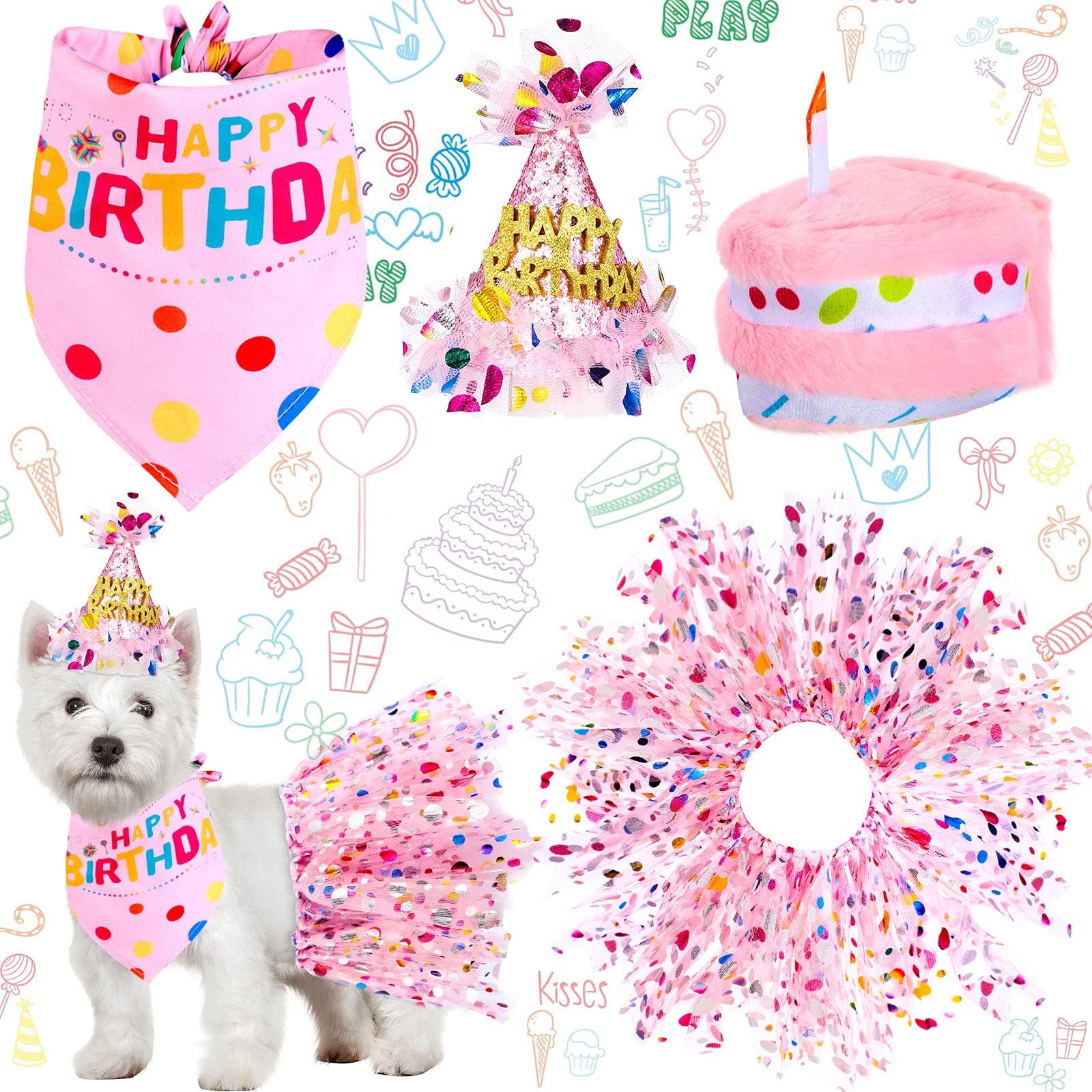 4 Pieces Dog 1st Bandana with Hat and Dress Girl Set, Puppy Birthday Party Supplies, Cute Pink Tutu Skirt Outfit for Small Medium Dogs