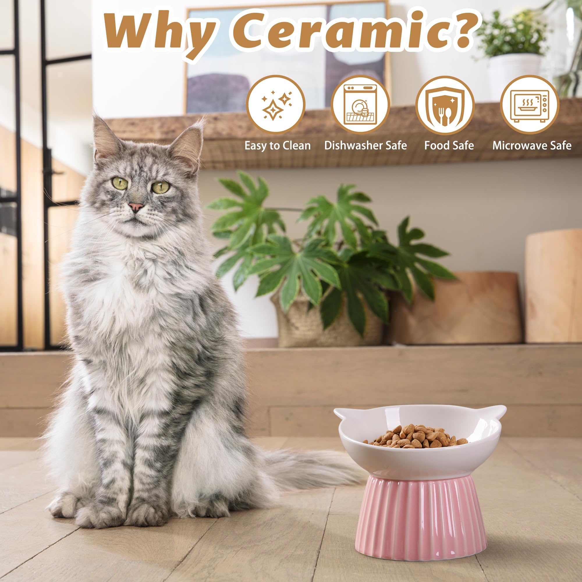 Wellbro Ceramic Raised Cat Bowl,Tilted Raised Cat Bowl Anti Vomit Cat Bowls for Indoor Cats Whisker Friendly Pet Feeder for Cats Puppies, Microwave an