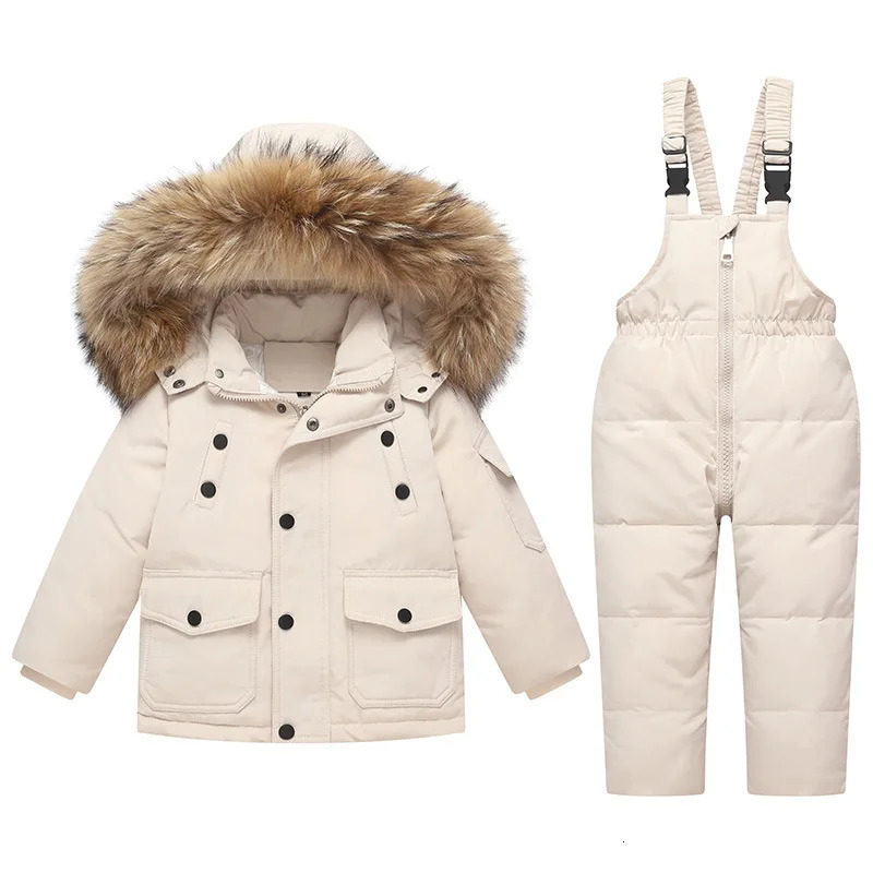 -30 Degree Russian Winter Boy 2PCS Clothes Set Waterpoof Real Fur Down Jacket Baby Girl Winter Overalls 1-5 Year Kids Snowsuit 241126