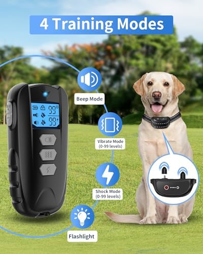 - Dog Training with Remote, IPX7 Waterproof Rechargeable E Collar All Breeds Flashlight Beep Vibration Shock (1-99) Perfect for Small Medium Large Dog