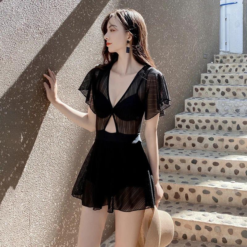 Womens Swimwear Korean One-piece Swimsuit Women Black White Sexy Lace Mesh High Waisted Summer Beach Holiday Slimming Bathing Suit 2024