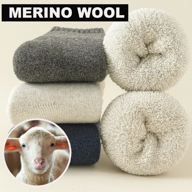 3 Pairs Men Women Wool Socks Couples Solid Winter Snow Chrismas Gift Thermal Cashmere Marino Thickened Fleece Terry Loop socks 241112