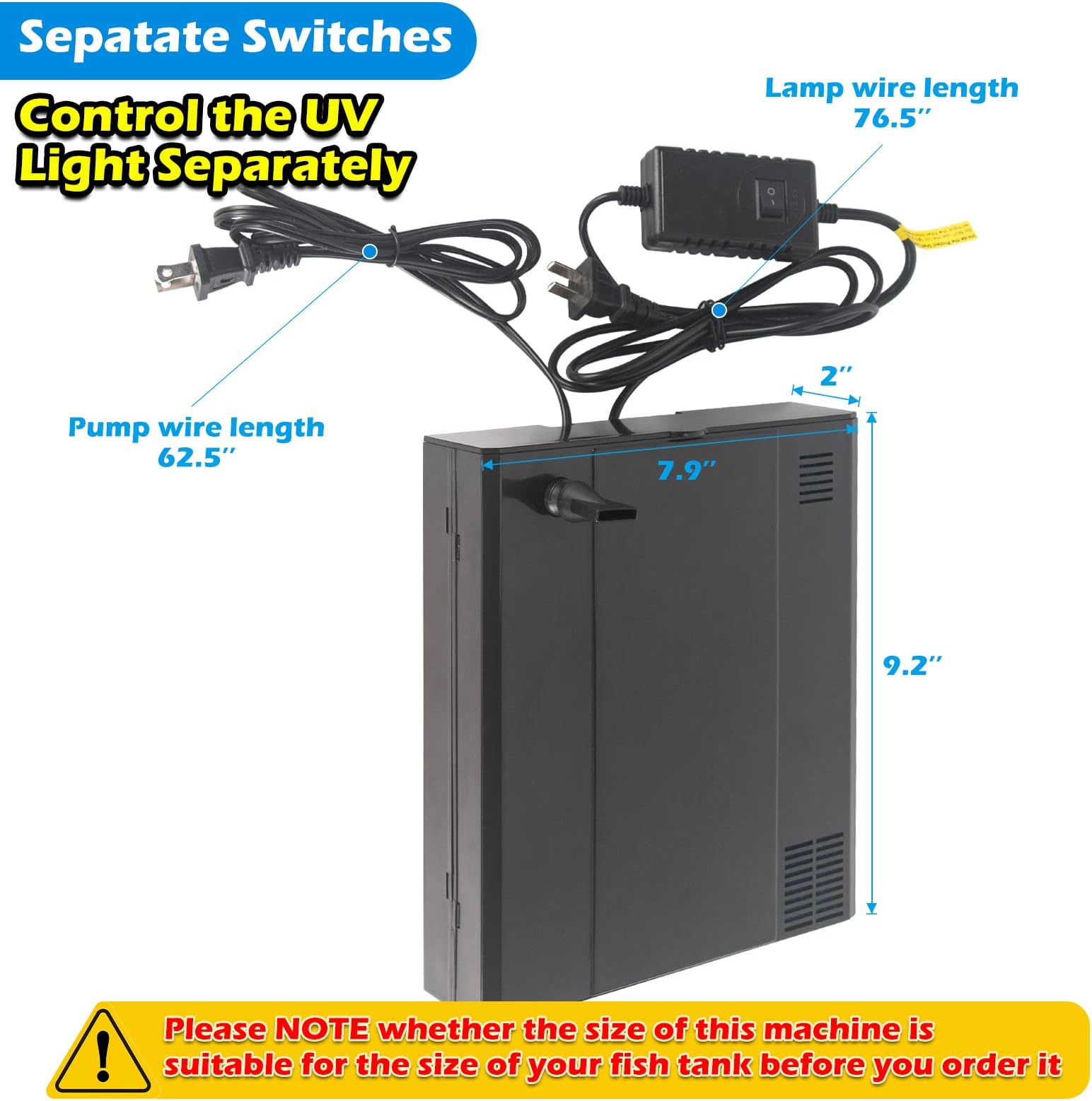 TARARIUM Aquarium Filter U-V Green Clean Machine for 15-55 Gallon Fish Tank Crystal Clear Green Killing 100GPH, Saltwater & Freshwater Hang on Bac