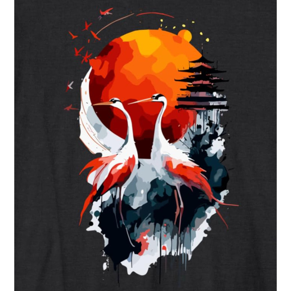 Long Sleeve Shirts for Men sweatshirt Japanese Sumi E Red Cranes Rising Sun Bamboo Print Long Sleeve T-Shirt Streetwear Casual tops clothes