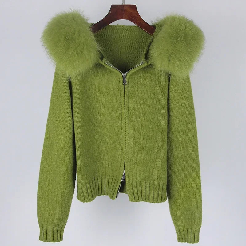 2024 American Fashion Autumn Winter Women Casual Hooded Real Fur Collar Short Knitted Jacket with Natural Coat 241120