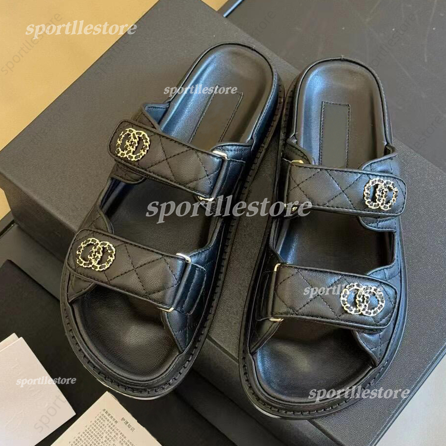 Women Ladies Calfskin Dad Sandals Quilted Designer Sandles Shoes Platform Flats Low Heel Wedge Diamond Buckle Sandal Slip each Shose Flip Flop