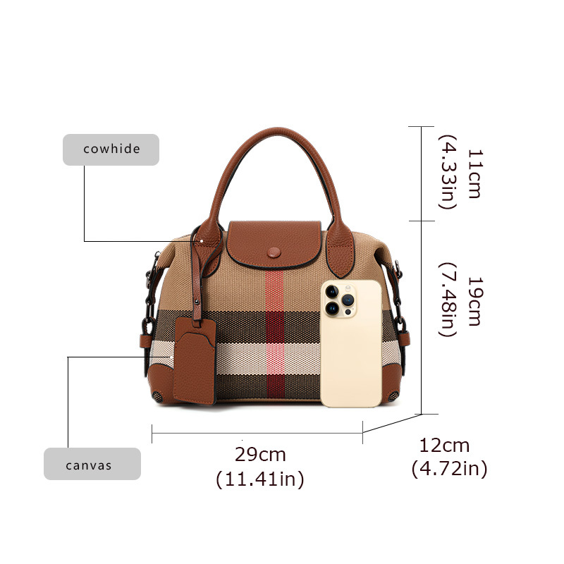 New Aidran exquisite women's Boston canvas and leather bag retro checkered handbag designer's daily commuting novelty