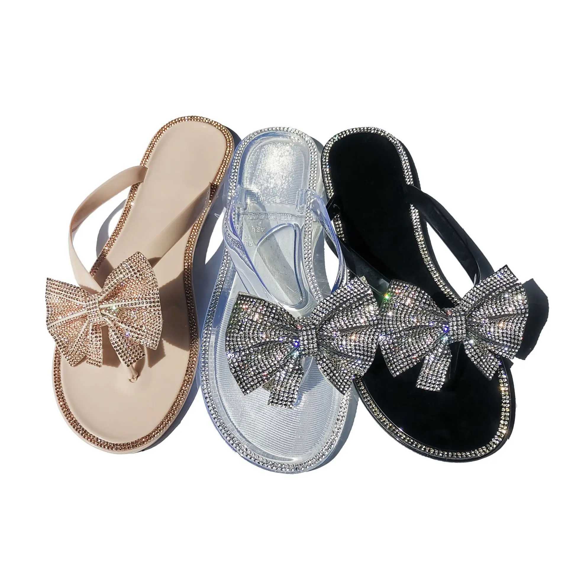 2024 Spring/summer new large size flip flops women bow knot rhines outdoor leisure beach flat home sandals/slippersXJ250207