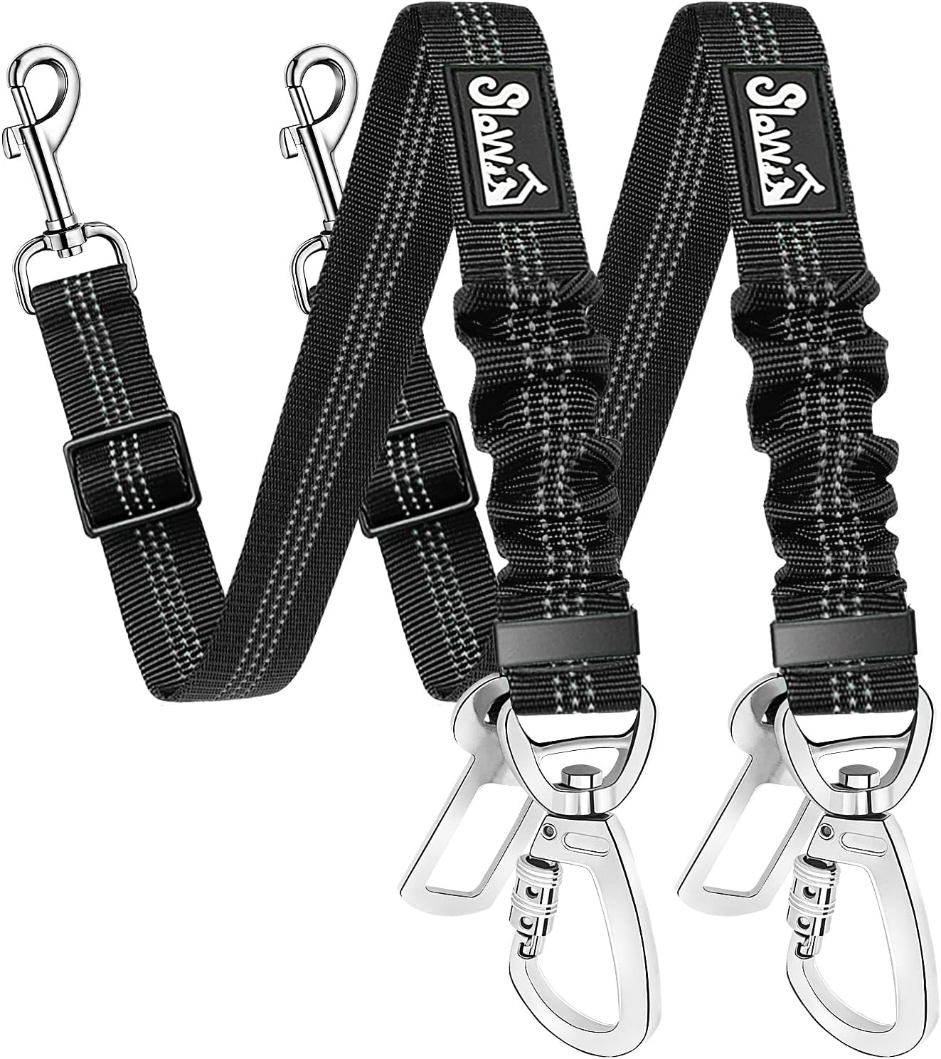 SlowTon Seatbelt, 2 Pack Seat Belt Car Leash Adjustable Elastic Bungee Buffer Heavy Duty Nylon Reflective Pet Safety Tether Connect to Dog Harness for