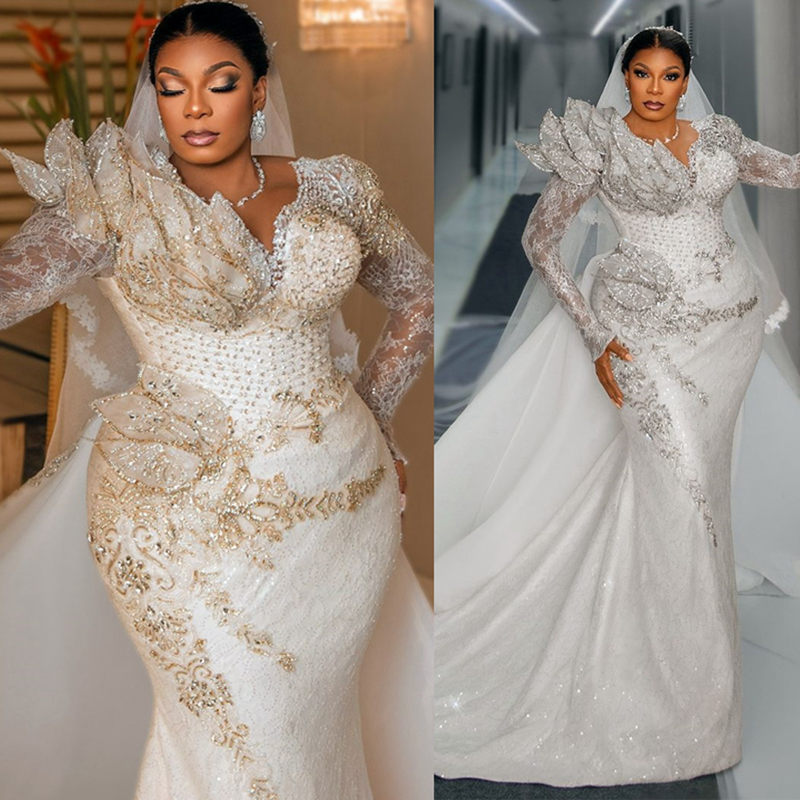 2025 African Wedding Dress Bridal Gowns Plus Size Mermaid Wedding Gowns Sheer Neck Long Sleeves Pearls Beaded Lace Gowns For Nigeria Black Women Bride