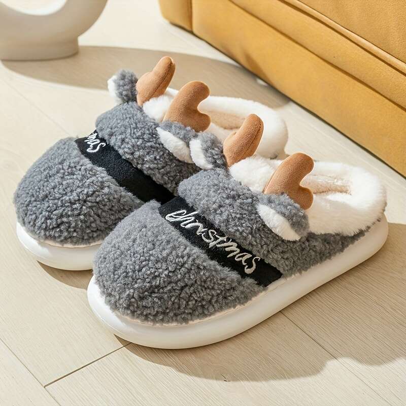 Cute Christmas Elk Anti Slip Warm Home Cotton Slippers, Thickened Plush And Fury Slippers