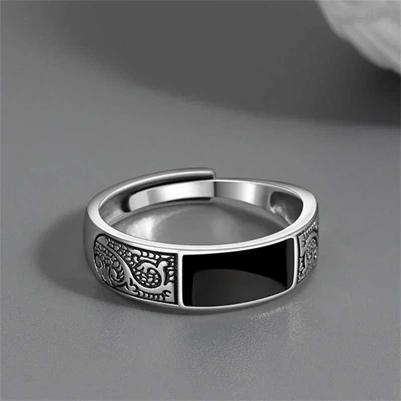 Tren Silver Sterling Silver Ring For Men Jewelry Black Rectangle Retro Dragon Pattern Ring Male Infex Finger Accories OpenXJ241127