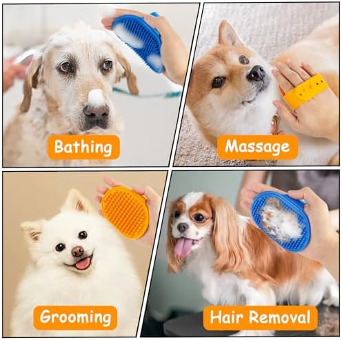 Ponpon 3PCS Dog Bath Brush with 4Pcs Dog Toothbrush, Dog Scrubber for Bath, Dog Shampoo brush with Adjustable Ring Handle, Dog Shower Brush for Long S