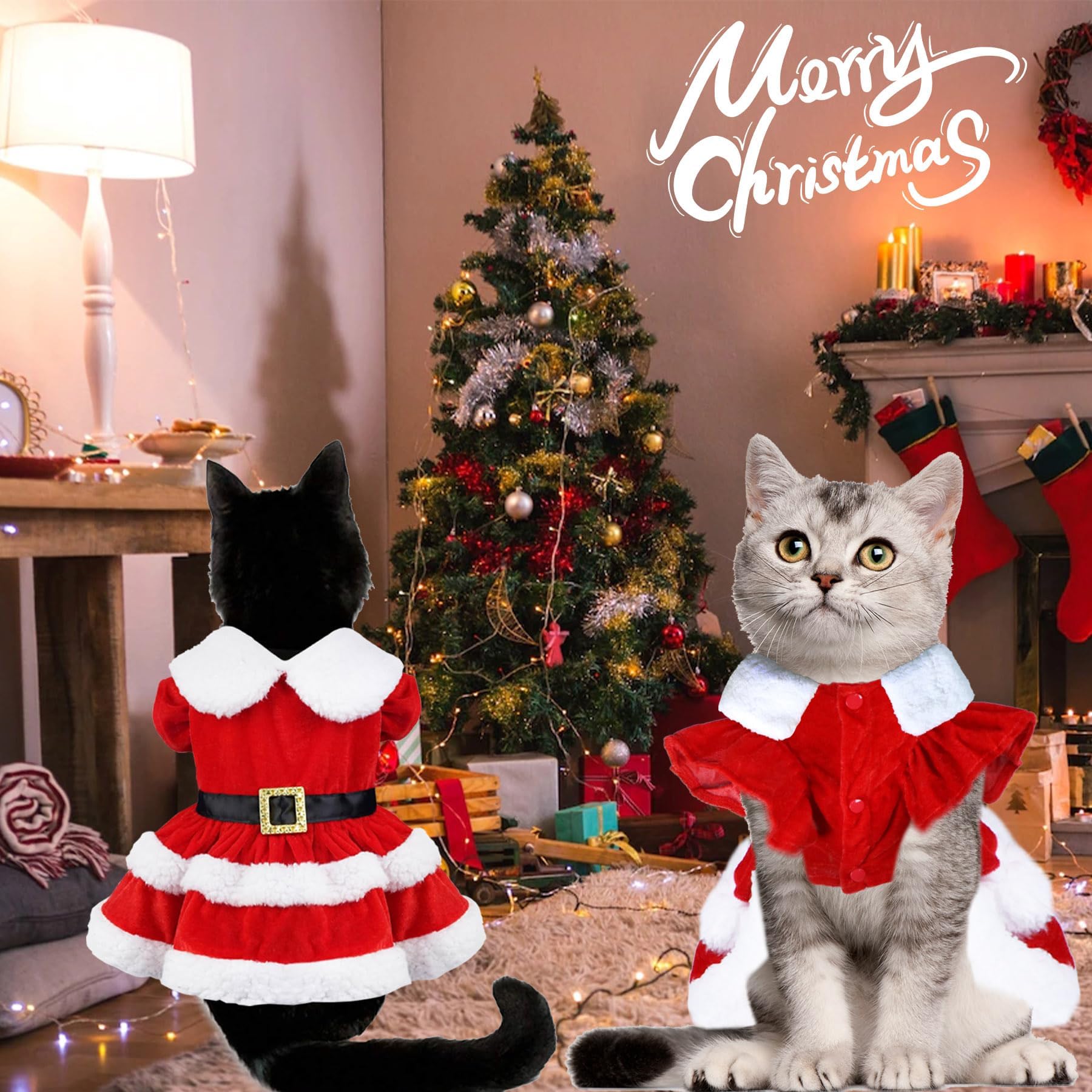 GOYOSWA Kitten Christmas Outfit Clothes Red Cat Santa Costume Dog Holiday Outfites for Kittens Cats Puppy