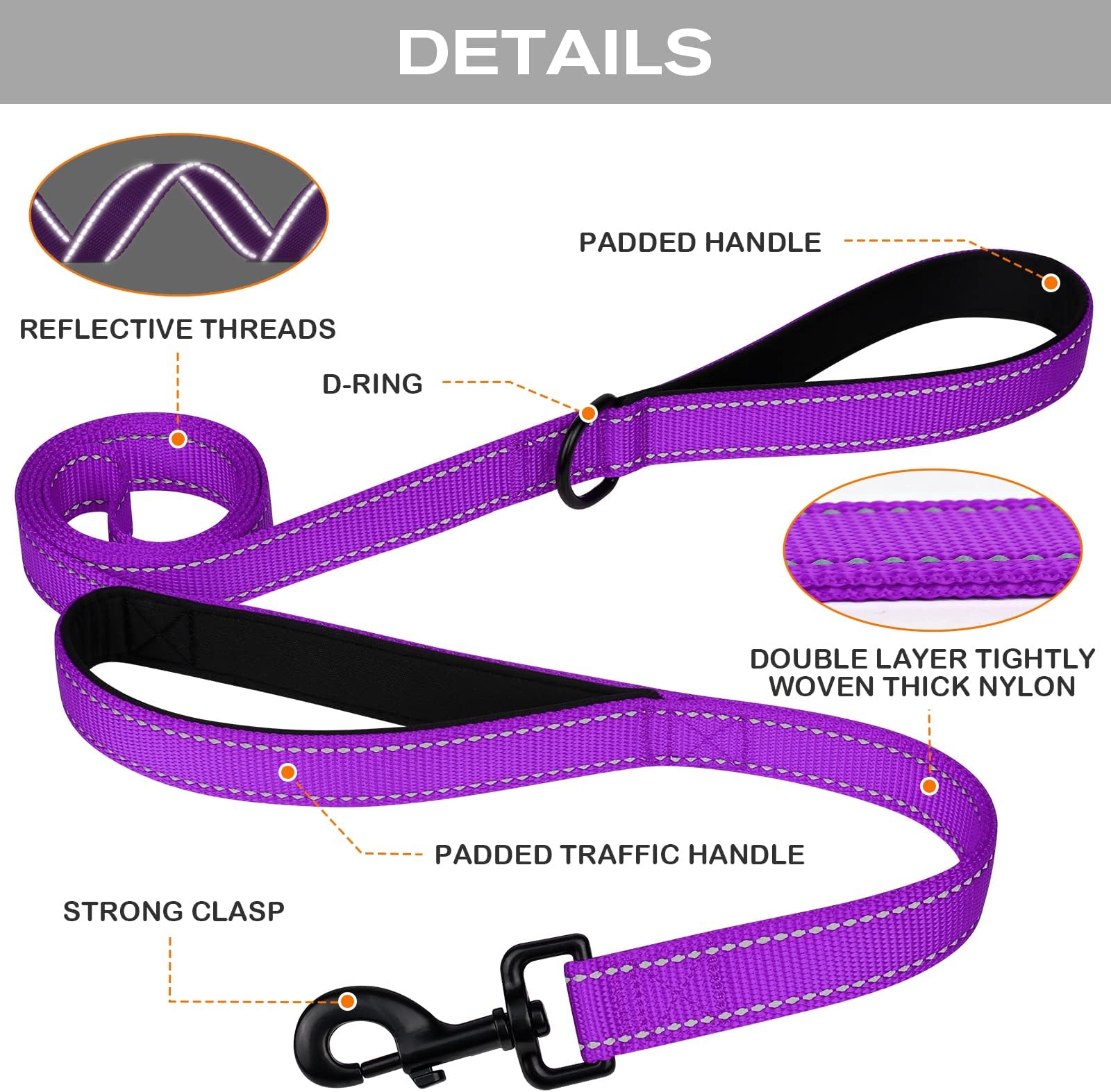 Joytale Heavy Duty Dogs That Pull, Double Handle Traffic Control, Double-Sided Reflective Night Safety, Dog Leash for Large Medium Dogs,FT, Orange