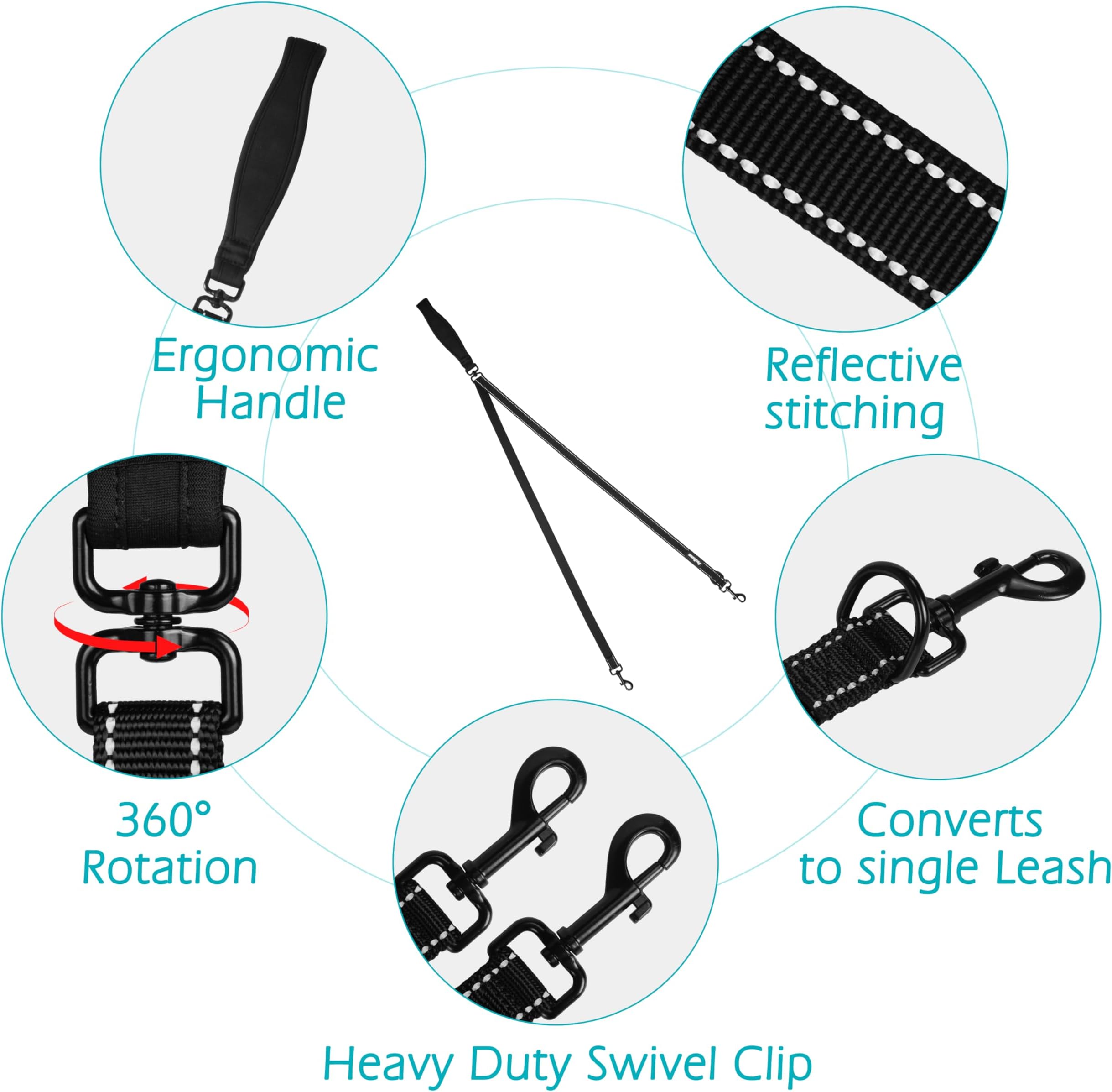 PetBonus Two Point Control Leash, Works with Harnesses, Tangle Dog Training Leashes, No Pull Padded and Reflective Walking Lead, Converts to Single Le