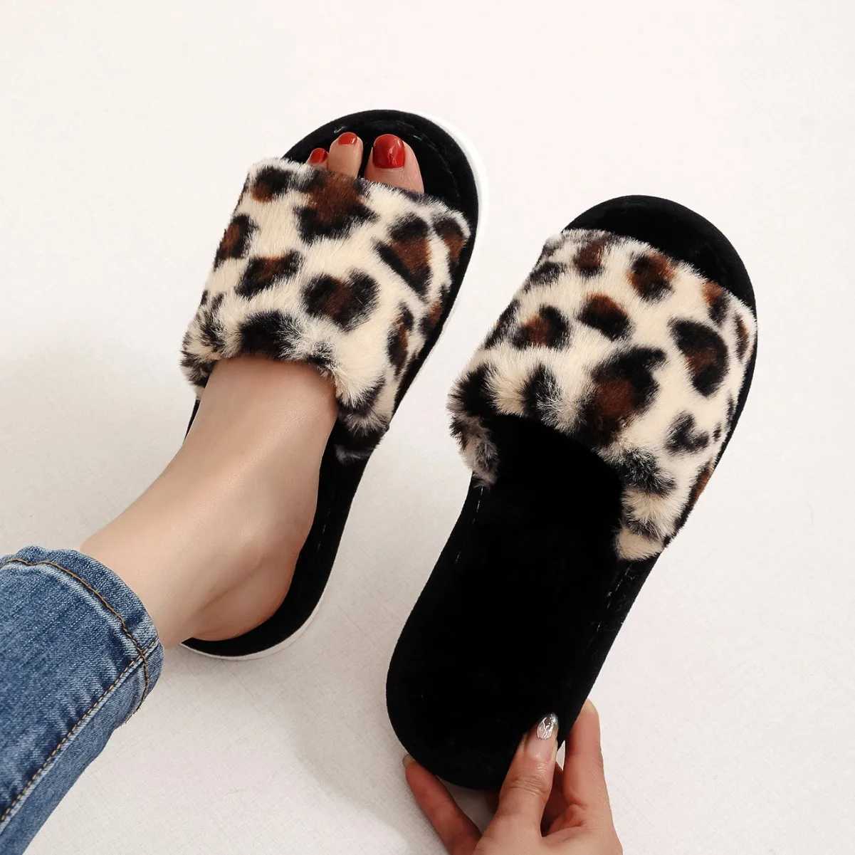 Autumn Winter Leopard Print Slippers Womens Fi Plush Fur Slides Home Flip Flops Indoor Warm EVA Anti Slip Living Room ShoeXJ250207