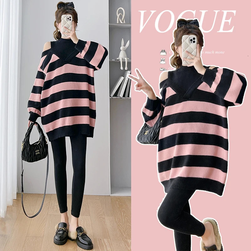 Pregnant womens shoulder strap two-piece sweater fashionable pregnant women pull up loose and fashionable pregnant womens clothing top 241126