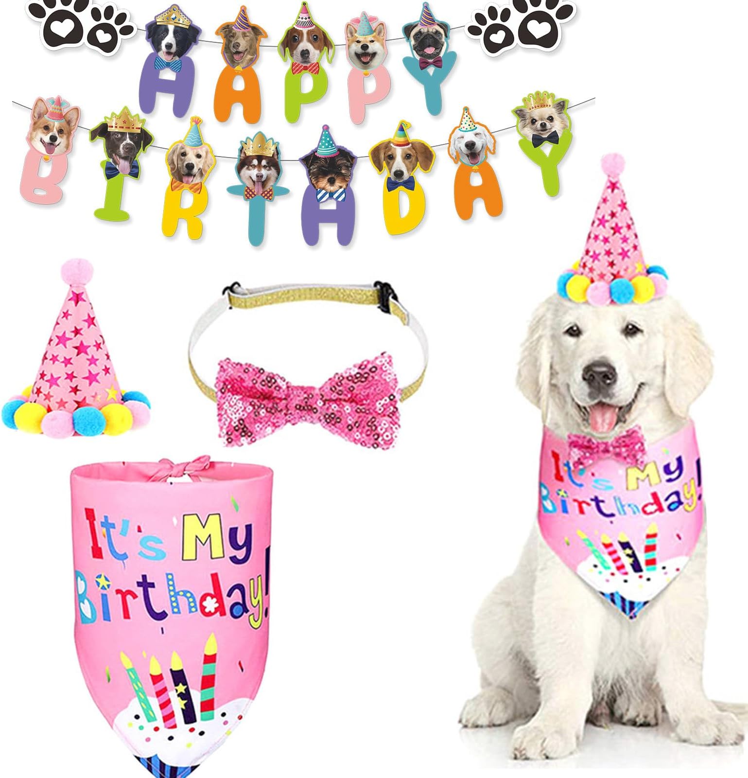 Agirct Dog Boy Party Supplies,Birthday Hat,Bow Tie, Bandana, Banner,Puppy Pet Theme Birthday Decorations Suit for Golden Doodle Teddy Husky Labrador(4