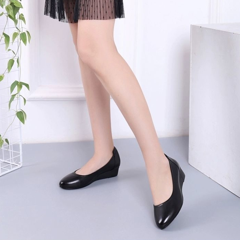 Comfort Black Leather Round Toe Dress shoe Office Women's Casual Shoes For ladies Wedges non-slip shoes upper synthetic leather zhanyishengli