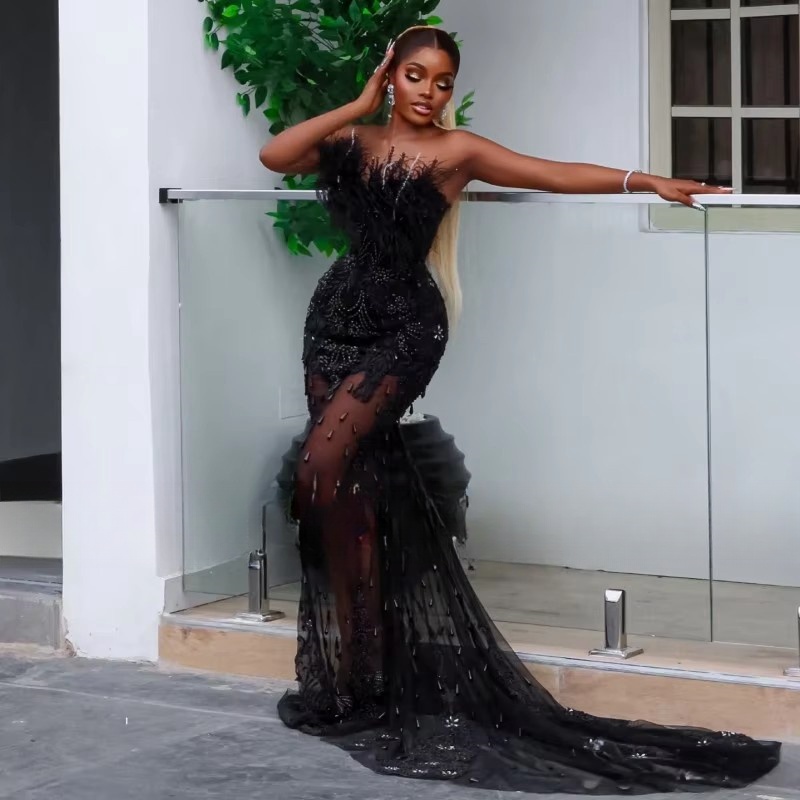 Black Evening Dresses For Women Feathers Beading Nigerian Mermaid Party Gowns Strapless African Prom Dress Customized ZD19 - view 3