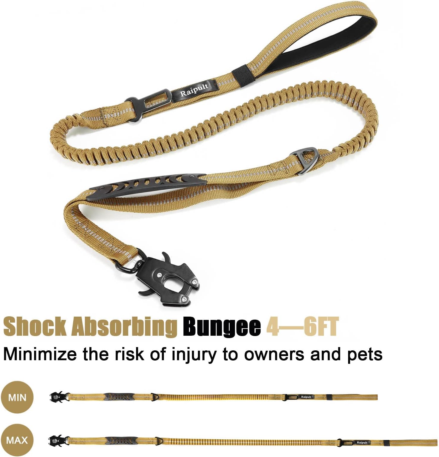 Raipult Heavy Duty Tactical Bungee Leash, 4-6FT No Pull Dog Leash Quick Release Carabiner, Reflective Shock Absorbing Leashes with Car Seatbelt for Me