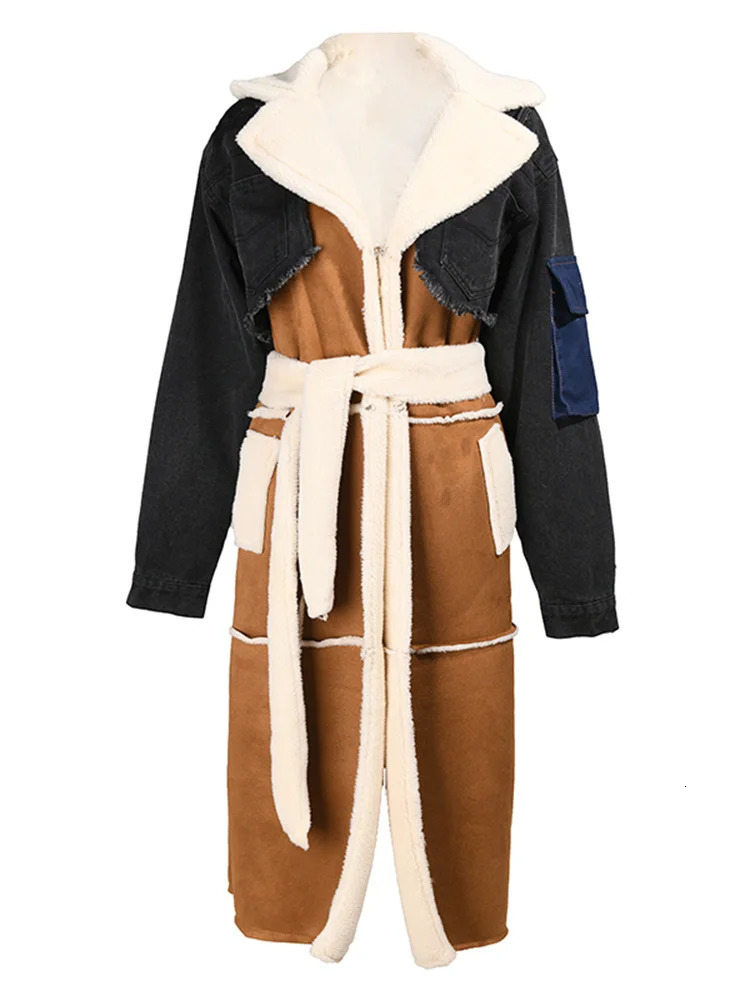 LGRQ Fashion Womens High Quality Wool Coat Loose Lace Waist Denim Jacket Patch 2024 Winter 7C222 241127