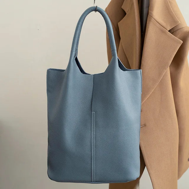 Bucket Woman Tote Genuine Cow Leather Shoulder Ladies Handbags Big Shopper Bag Fashion Blue Genuine Leather