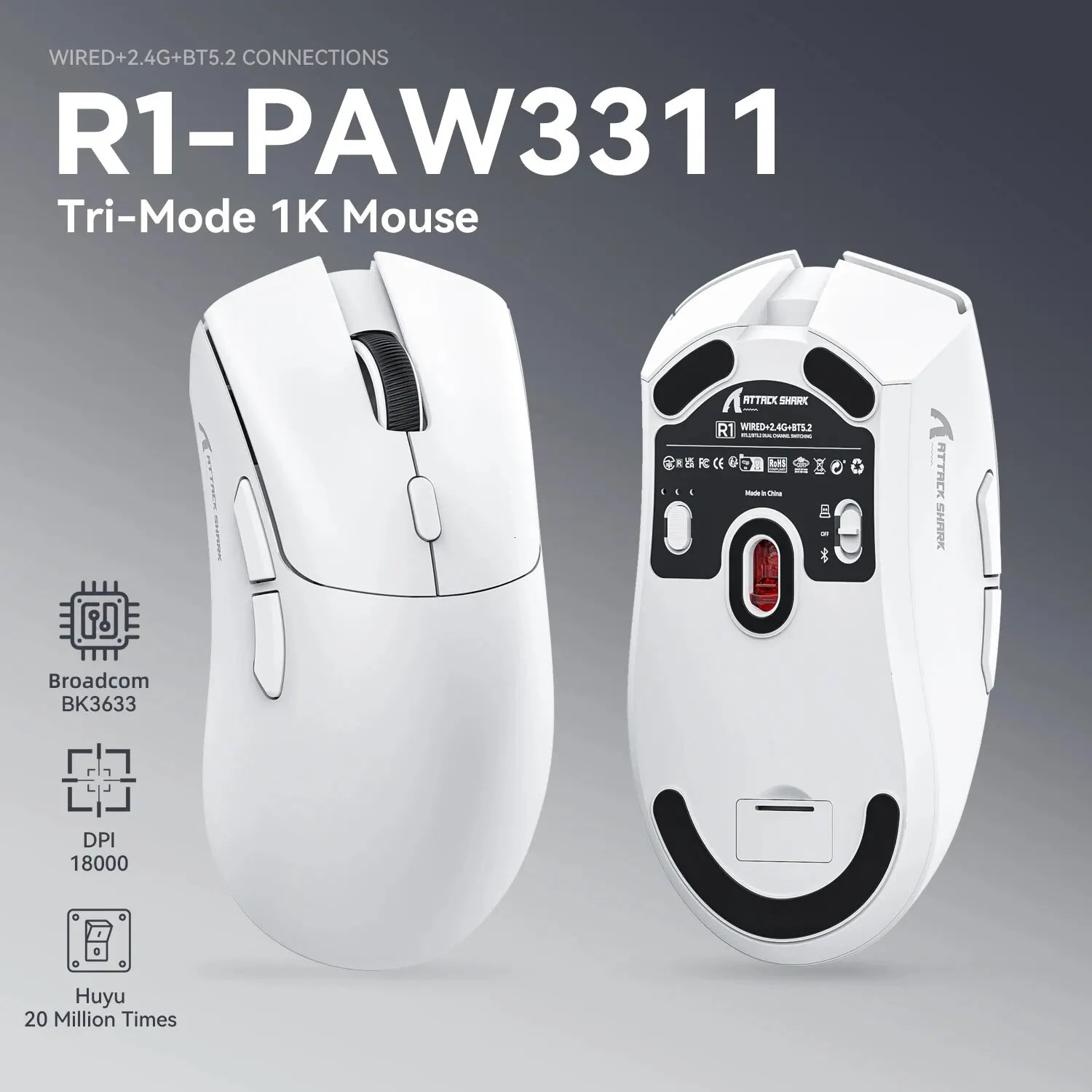 R1 Superlight Mouse Bluetooth 24G Wireless Gaming Mouse PixArt PAW3311 Gaming Sensor 6 Adjustable DPI for Office Game 241113