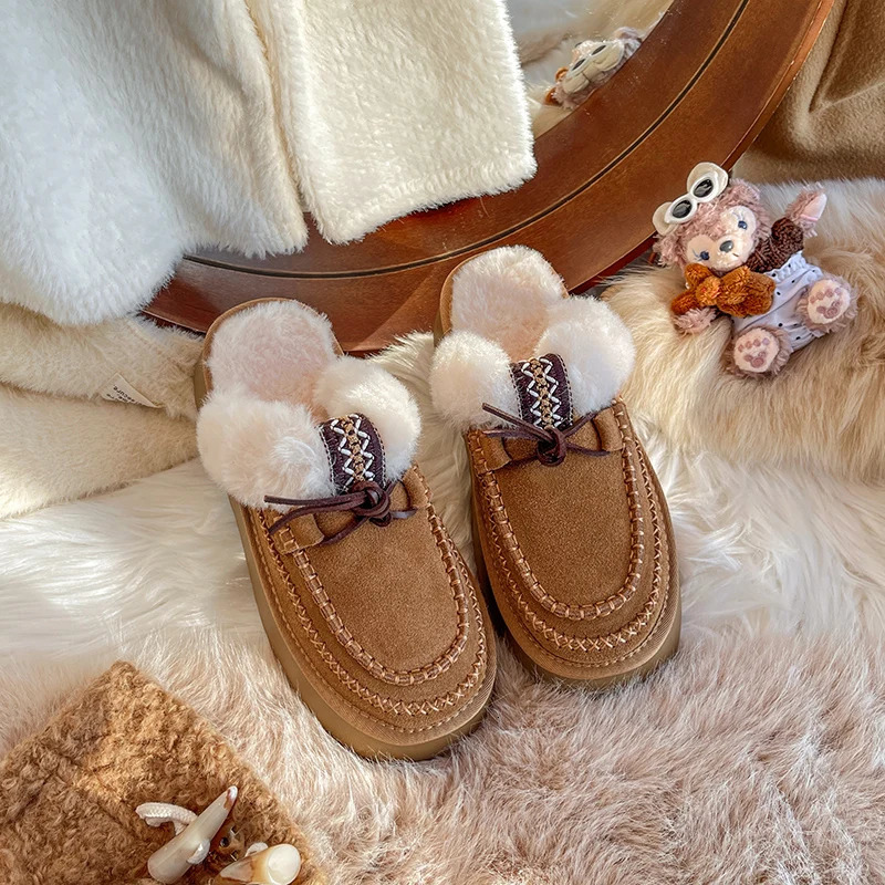 Artificial suede fur exposed slider 2024 winter warm plain woolen shoes wool Moccasins thick sole tassel decoration 241127