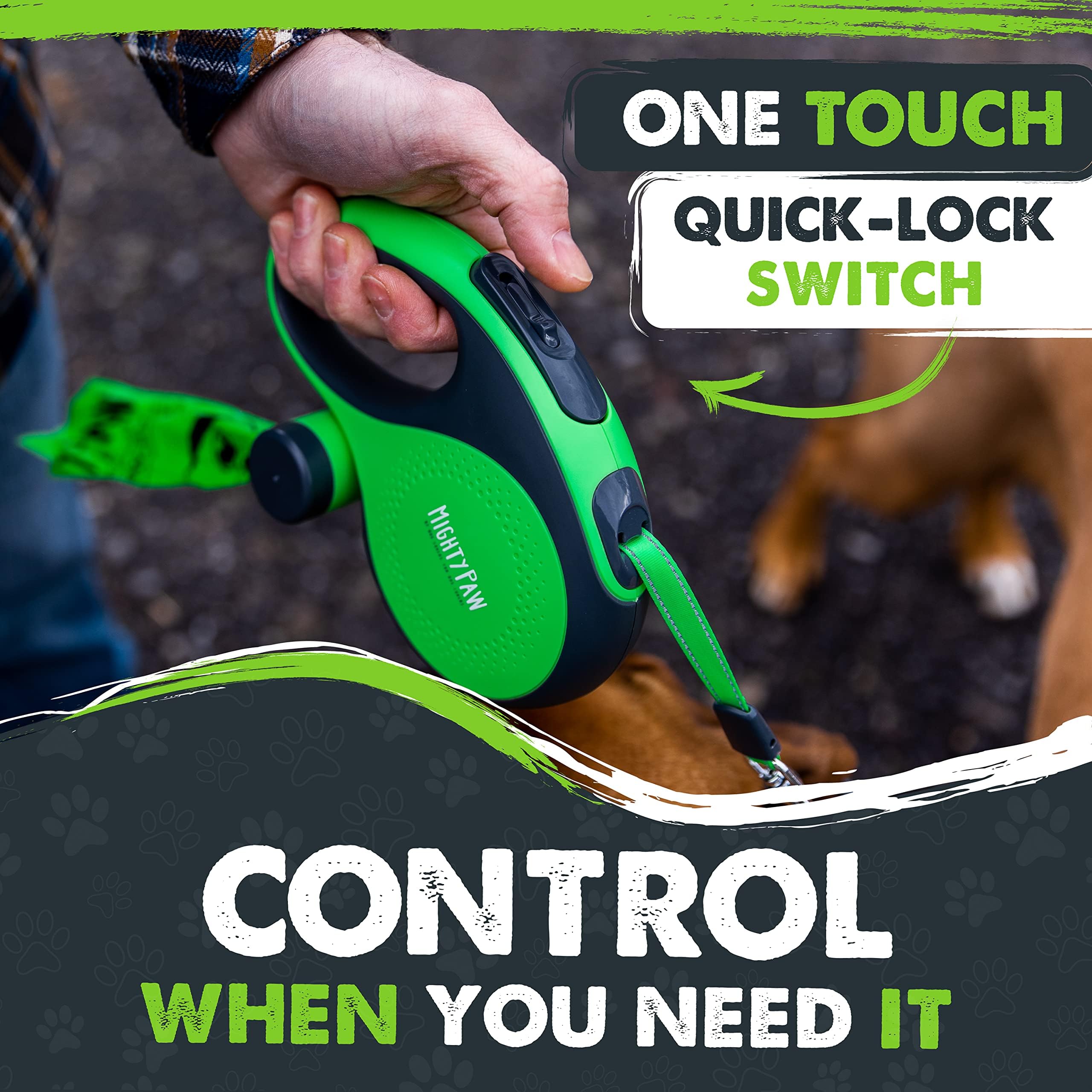 Mighty Paw Retractable with Built-in Poop Bag Holder | 16' Long Leash Small Dogs, Medium Breeds & Large Pets. Tape for Quick Control. Bags Includ
