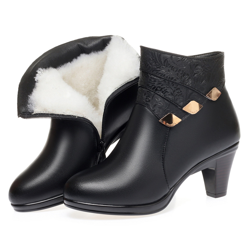 Winter 2025 New Genuine Leather Dress Women Fashion Mid-heel Wool Warm Women's Ankle Boots size EU35-40
