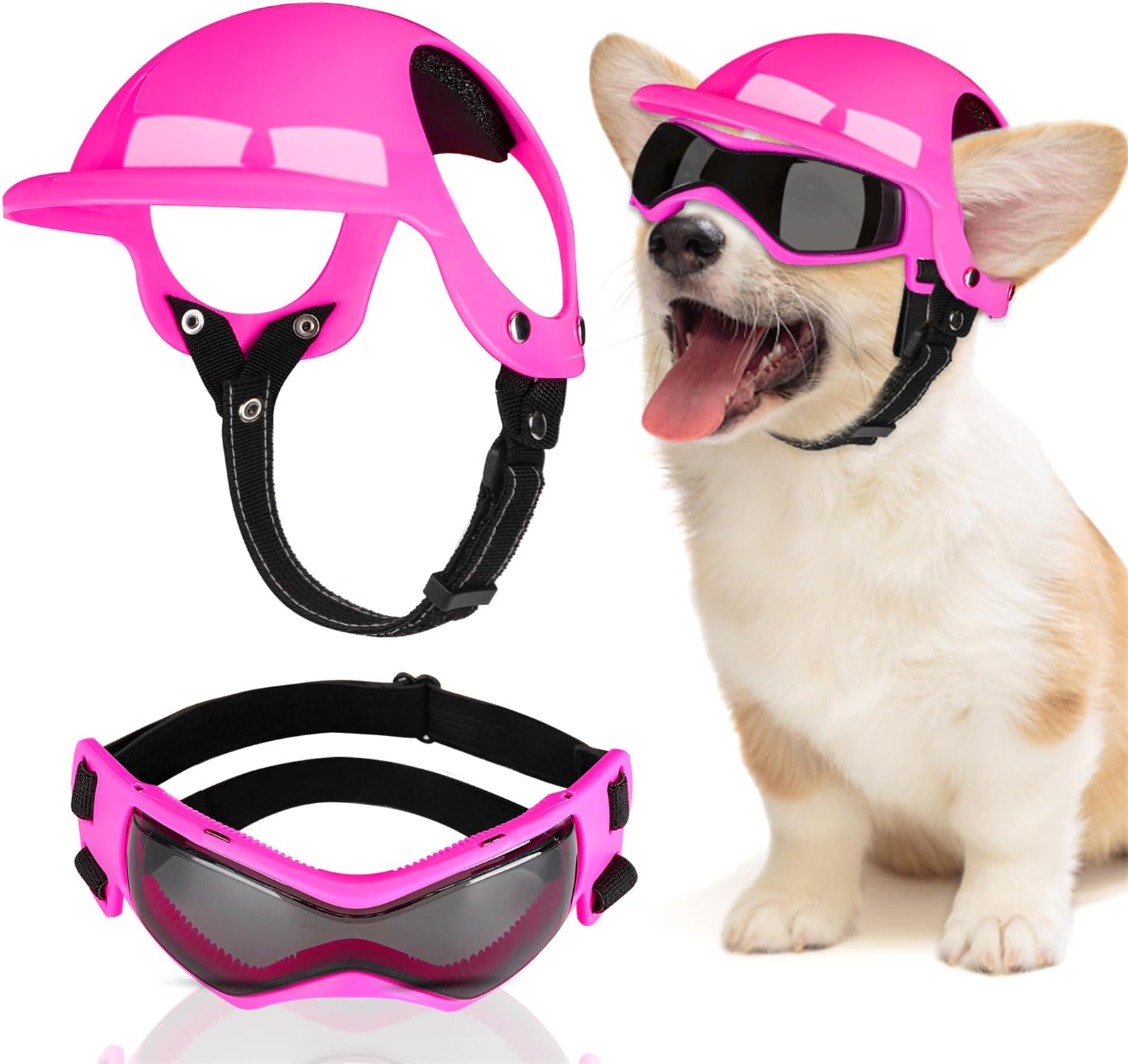 SlowTon and Goggles - UV Protection Doggy Sunglasses Dog Glasses Pet Motorcycle Helmet with Ear Holes Adjustable Belt Safety Hat for Medium Large Dogs