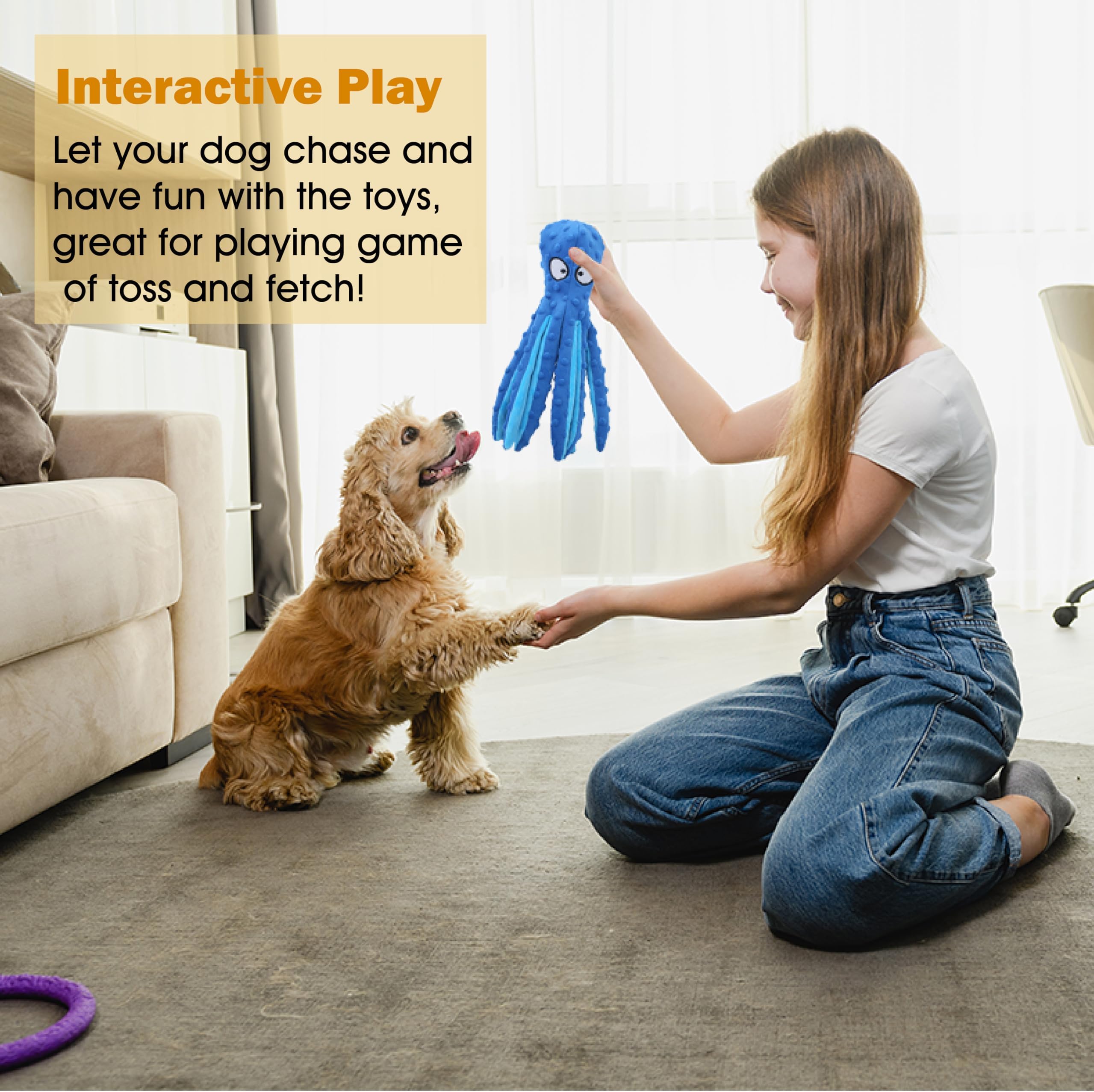 CPYOSN Squeaky Octopus - No Stuffing Crinkle Plush Puppy Teething, Durable Interactive Dog Chew Toys for Small, Medium Large Dogs Training and Reduce 