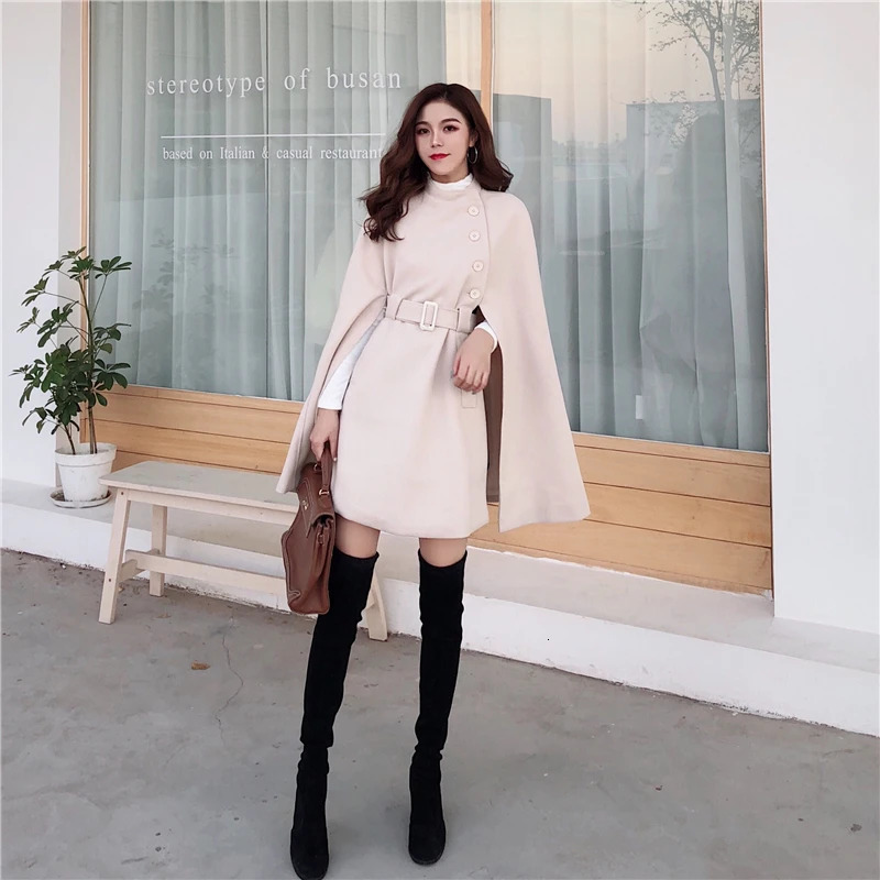 Autumn High Quality Woolen Cloth Shawl Cape Poncho With Belt Women Midlength Korean Sleeveless Casual Ladies Coats 241126
