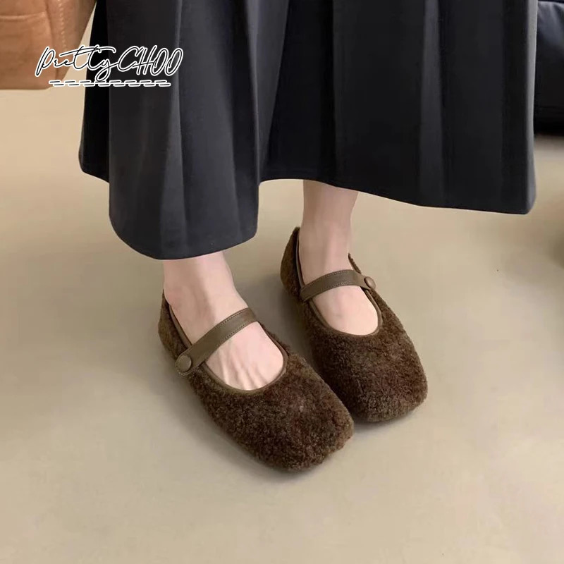 Square Toe Cosy Lambswool Ballet Flats Woman Warm Teddy Fur Mary Jane Shoes Ladies Elegant Fluffy Plush Loafers 241127