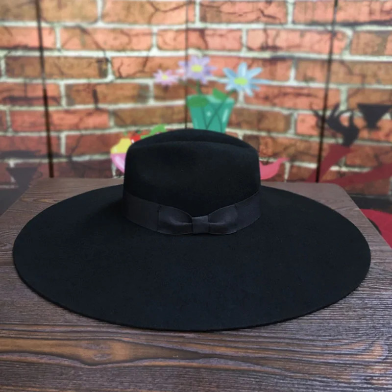 Womens 16cm wide Brim wool felt hat chic cork hat warm winter Trilby hat satin bow church dress wedding Fedora jazz hat 241127