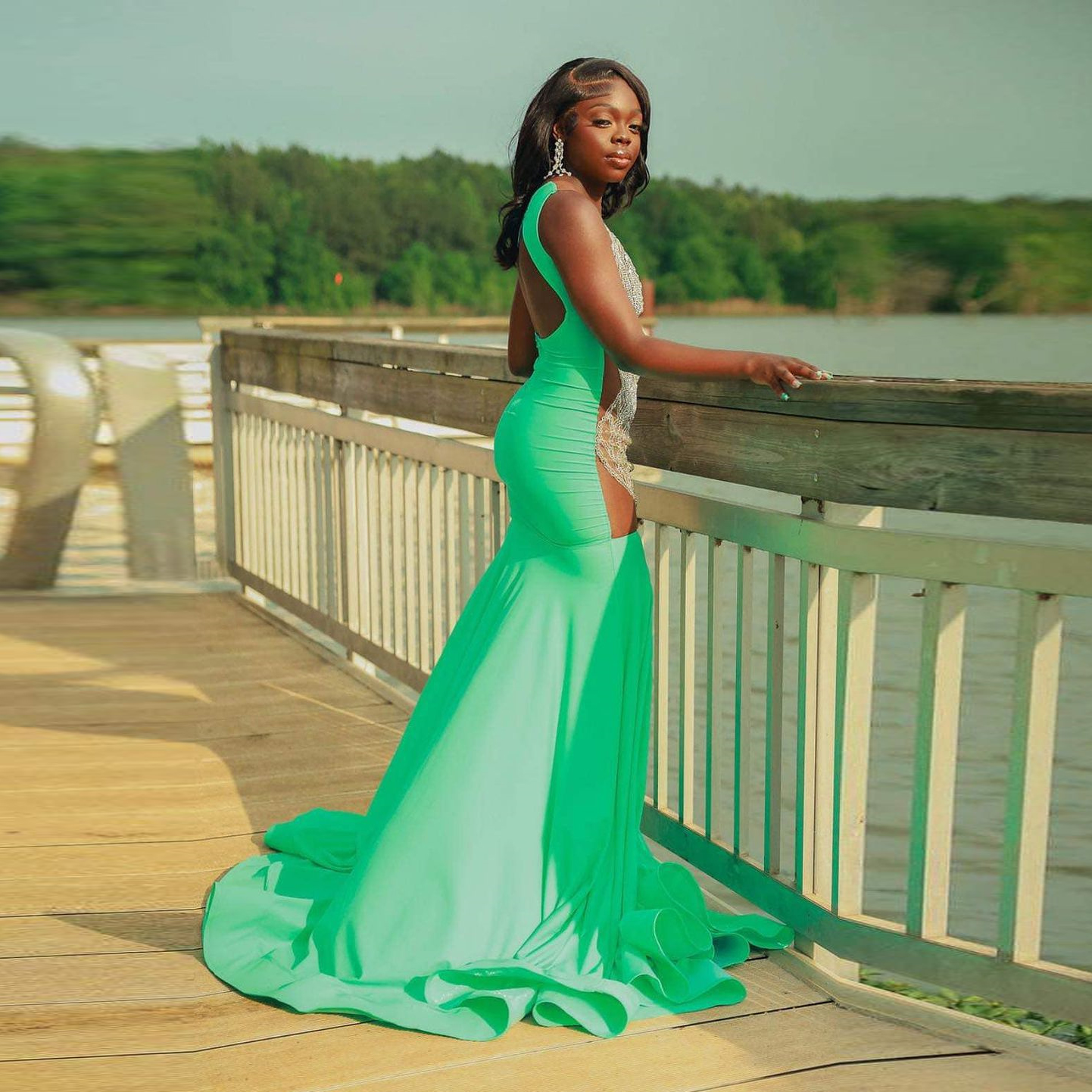 Green Mermaid Prom Dress For Black Gils Beads Crystal New Long Celebrity Gowns Formal Evening Dresses Vestidos De Noche 0521