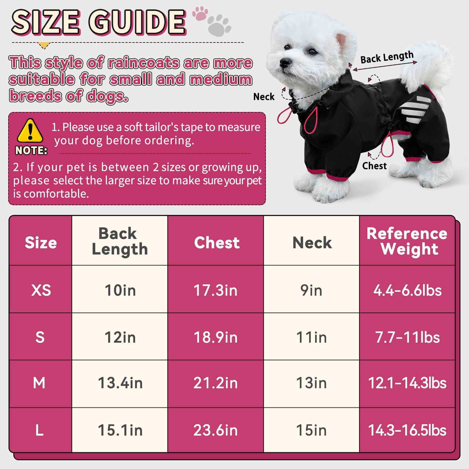 Raincoat, Waterproof et Hood, Dog Rain Coat with Leash Hole, Reflective Strap for Small Medium Dogs, Lightweight Puppy Clothes(,S