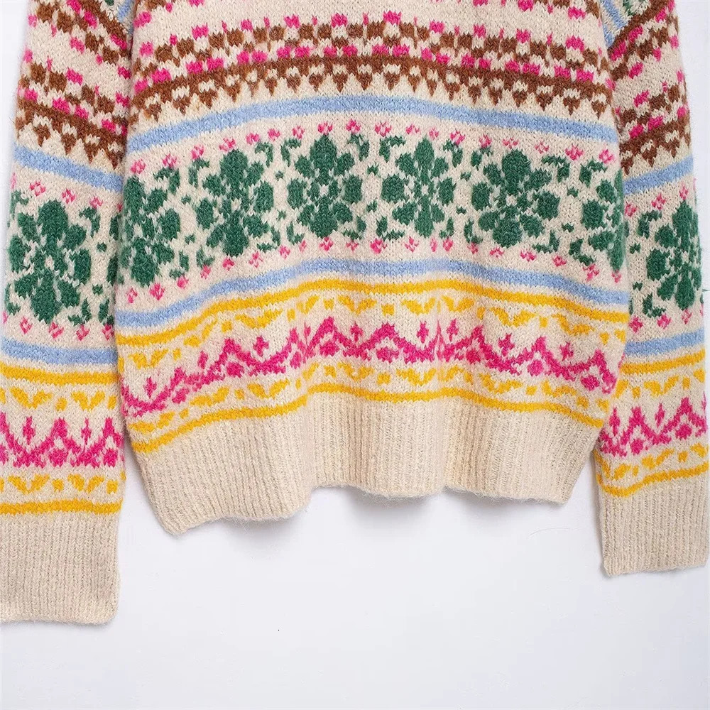 Autumn and winter casual womens clothing fashion contrasting jacquard knitted round neck pullover sweater 241126