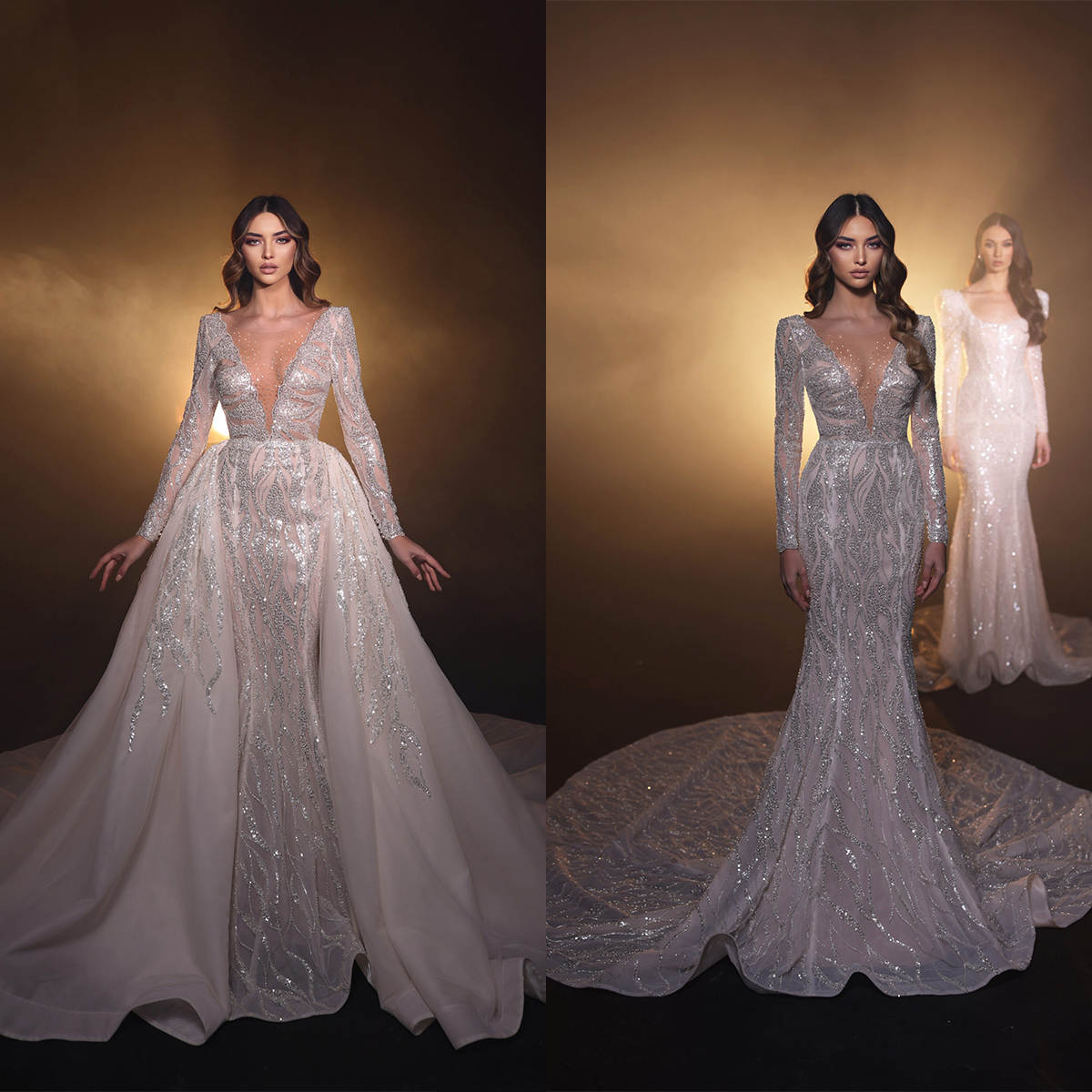 Mermaid Wedding Dresses For Women Sheer Neck Long Sleeves Bridal Gown Sequins Detachable Train Party Customized Dress vestidos de novia