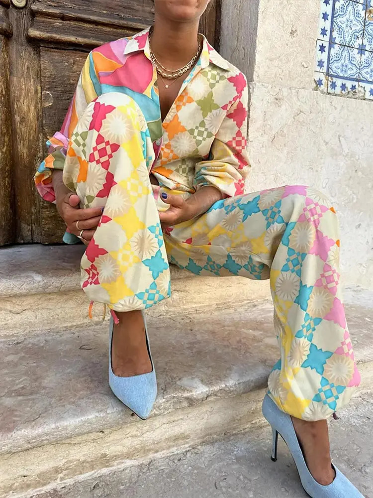 Elegant Matching Pants Sets For Women 2 Pieces Chic Single Breasted Long Sleeve Lady Contrast Printed Beach Outfit 240426