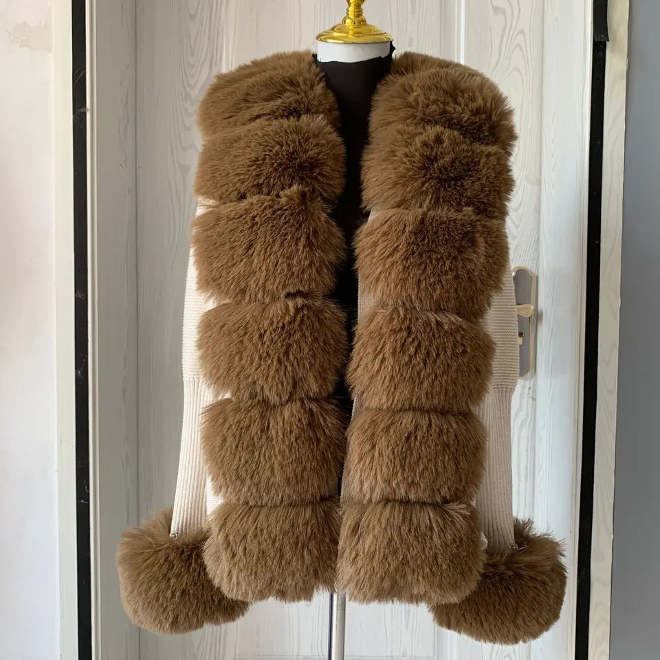 Womens Cropped Sweater Cardigan Spring Autumn Faux Fur Knit with Collar Ladies Coat 241120