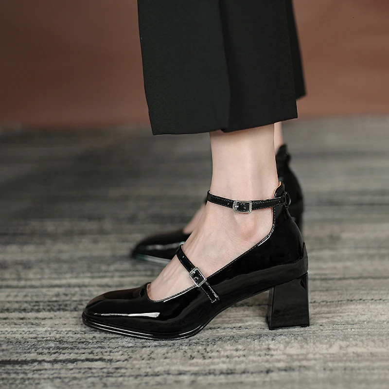 red mary jane shoes heels Womens Shoes Mary Jane Spring summer Thick-heeled High-heeled Retro Square Toe Pumps 241127