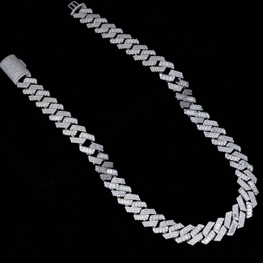 Prong Custom Diamond 925 Pure Sterling Silver Gra Heavy Vvs 15mm Moissanite Cuban Baguette Link Chain