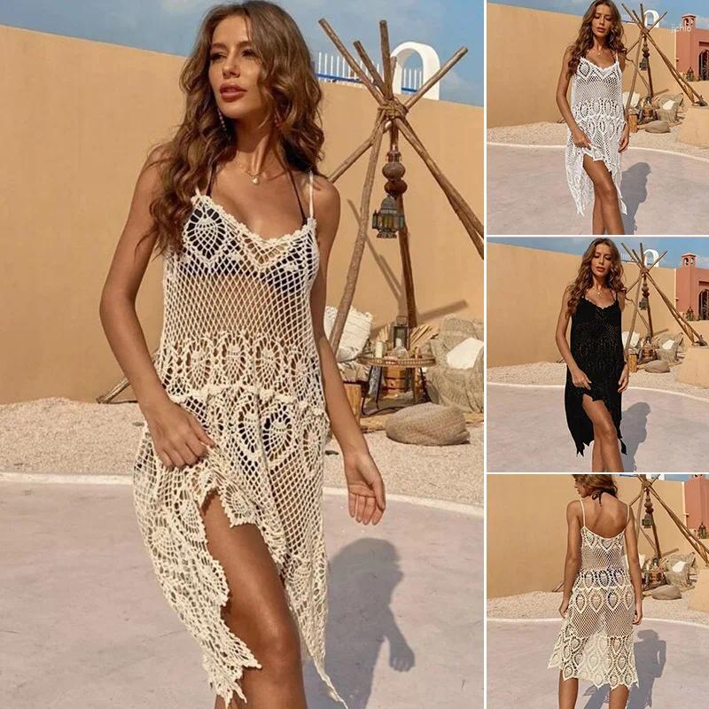 Holiday Knitted Hollow Beach Smock Solid Color Summer Slim Women Bikini Smocks Sexy Backless Dress