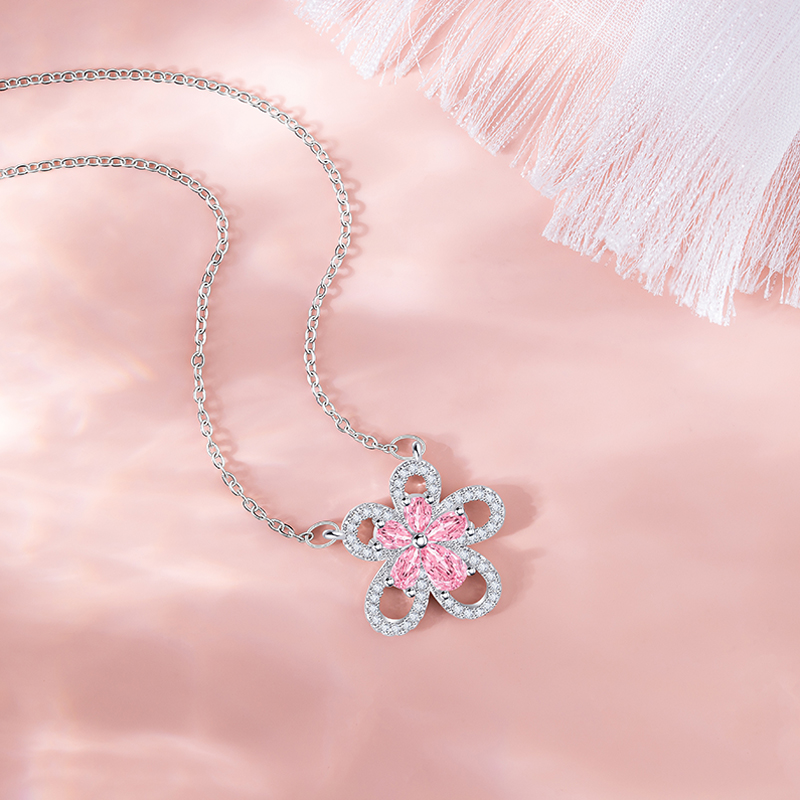 Chic Women's Small Clearance Pink Zircon Flower Choker Necklace in Stainless Steel